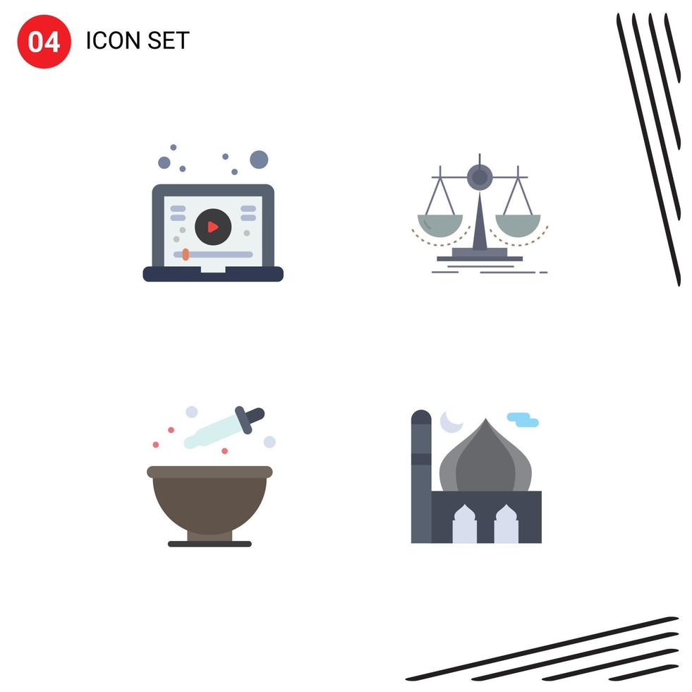 Set of 4 Vector Flat Icons on Grid for internet baking video justice cooking Editable Vector Design Elements