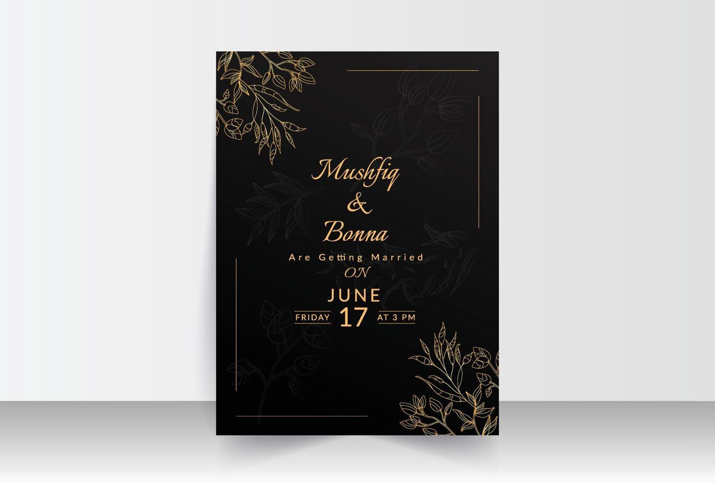 Outlined golden flower leaves and black background weeding card vector