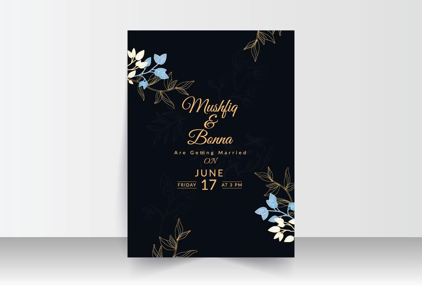 Wedding card with black background, blue, golden and white outlined flower vector