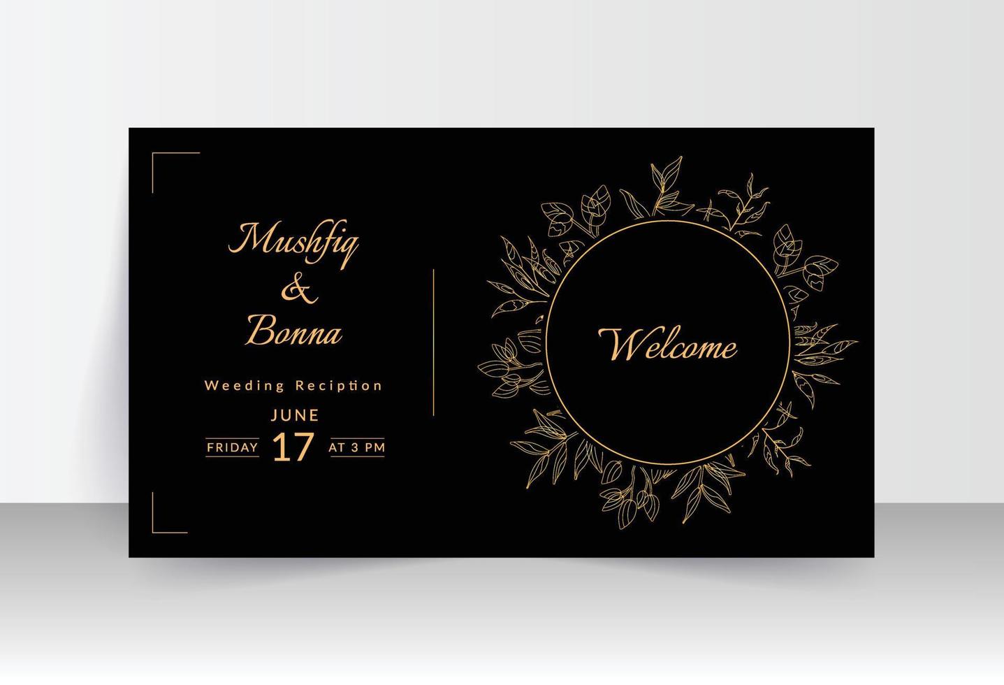 Golden round frame floral design weeding card vector