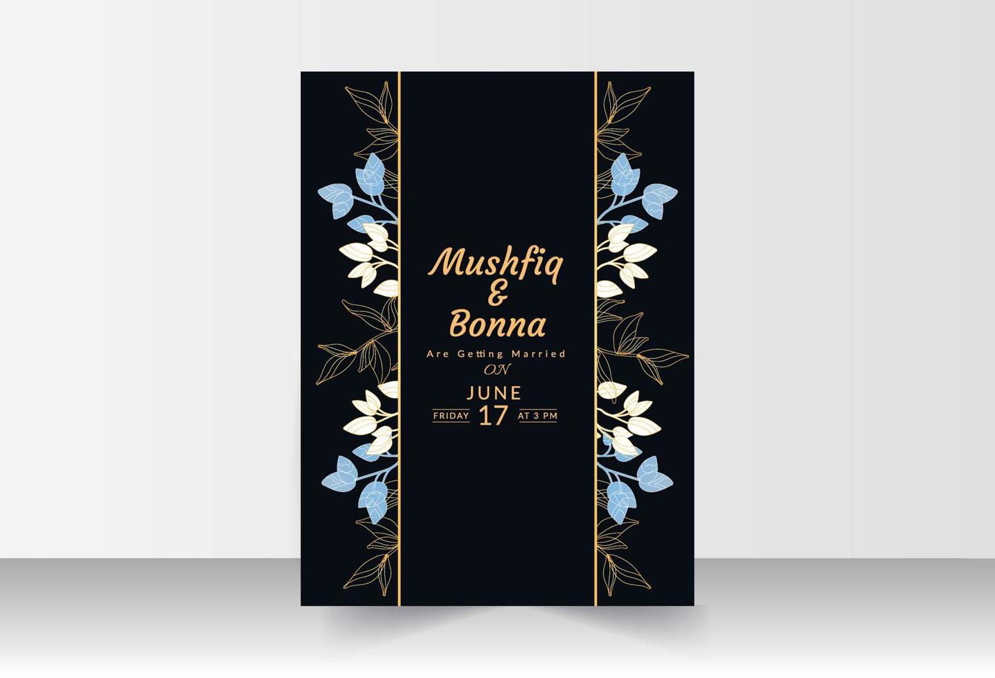 tarjeta de boda dorada con fondo negro, arte floral azul, dorado y blanco vector