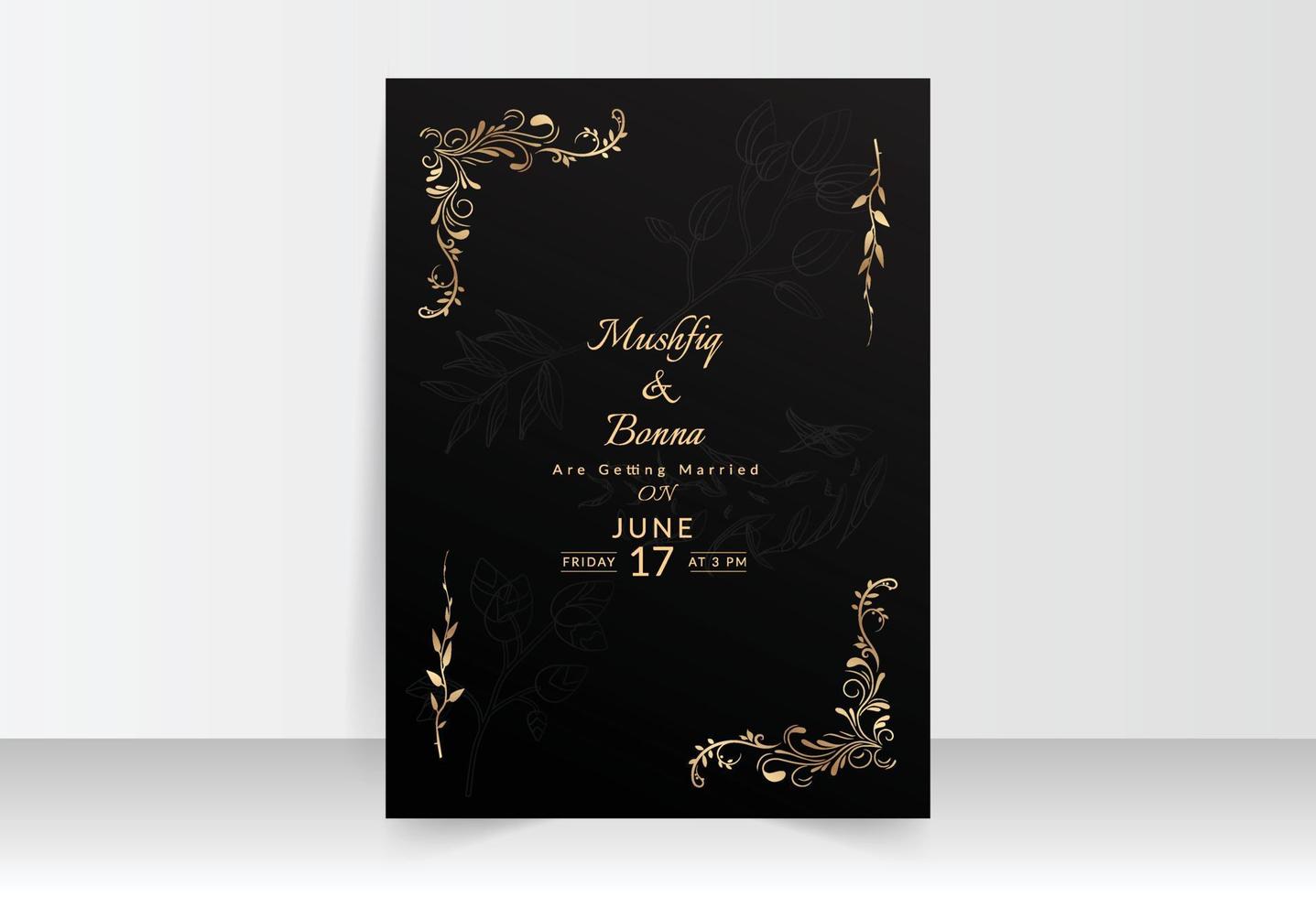 tarjeta de boda dorada con diseño floral y fondo negro vector