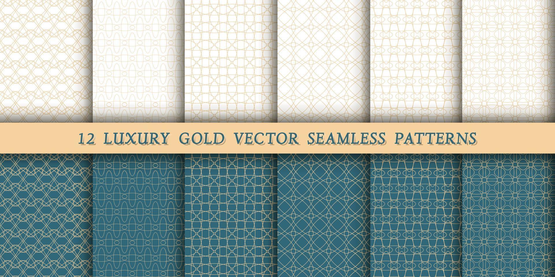 A set of 12 luxurious geometric gold patterns for printing and design, golden lines on a white and green, emerald background. Modern and stylish patterns vector