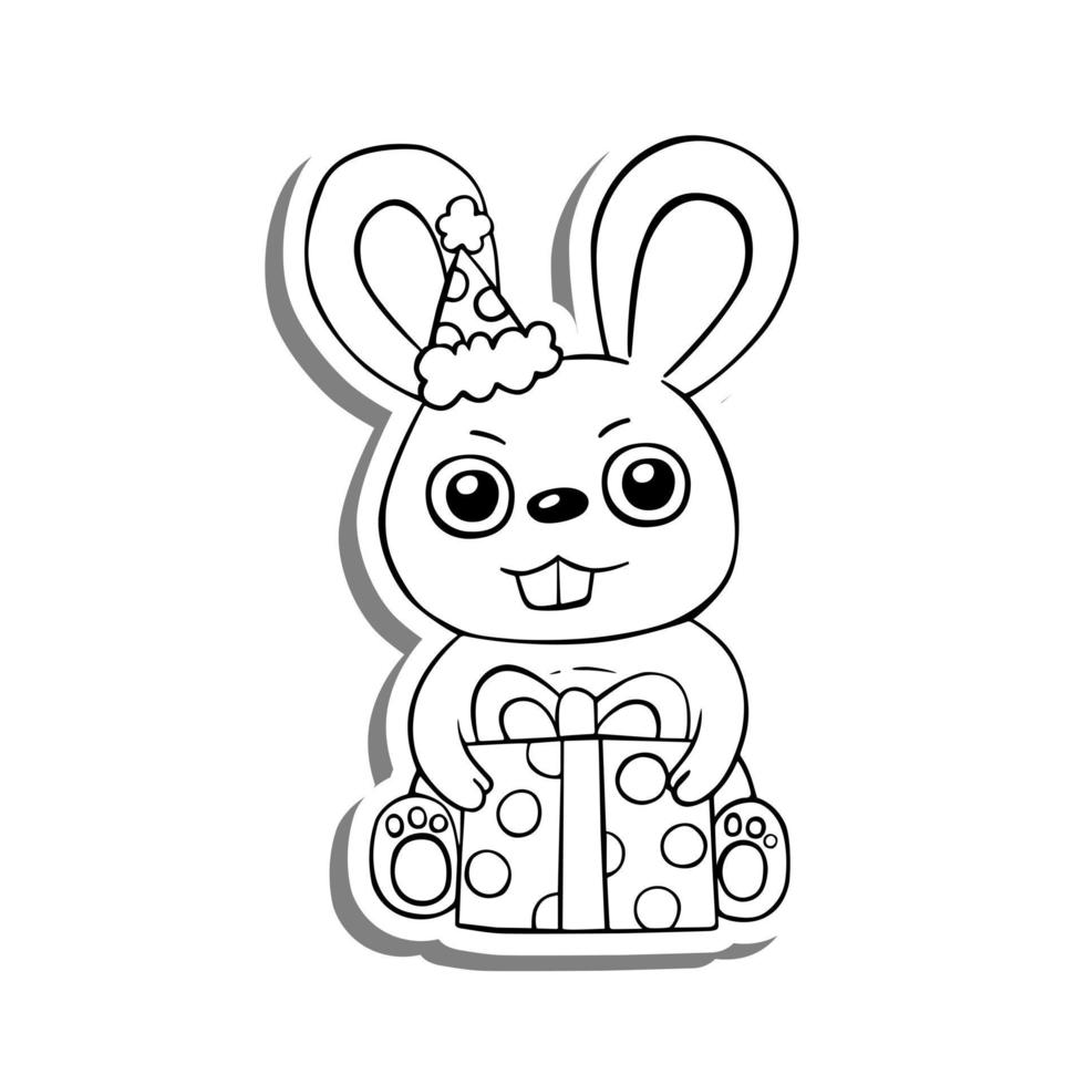 Happy Rabbit wearing a party hat and holding a gift. Line art elements on white silhouette and gray shadow, hand-drawn graphics. Isolated on white background, Vector illustration.