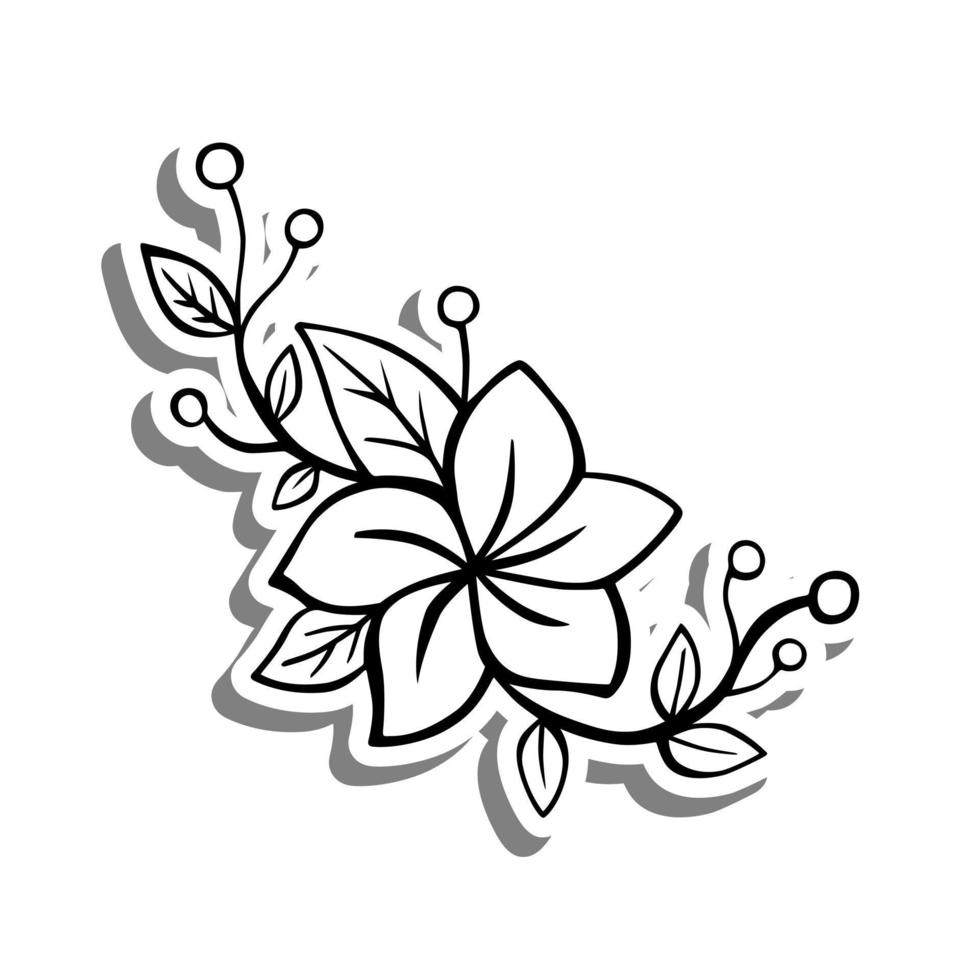 flor de garabato de línea negra con hojas y polen en silueta blanca y sombra gris. estilo de dibujos animados dibujados a mano. ilustración vectorial para decorar, colorear y cualquier diseño. vector