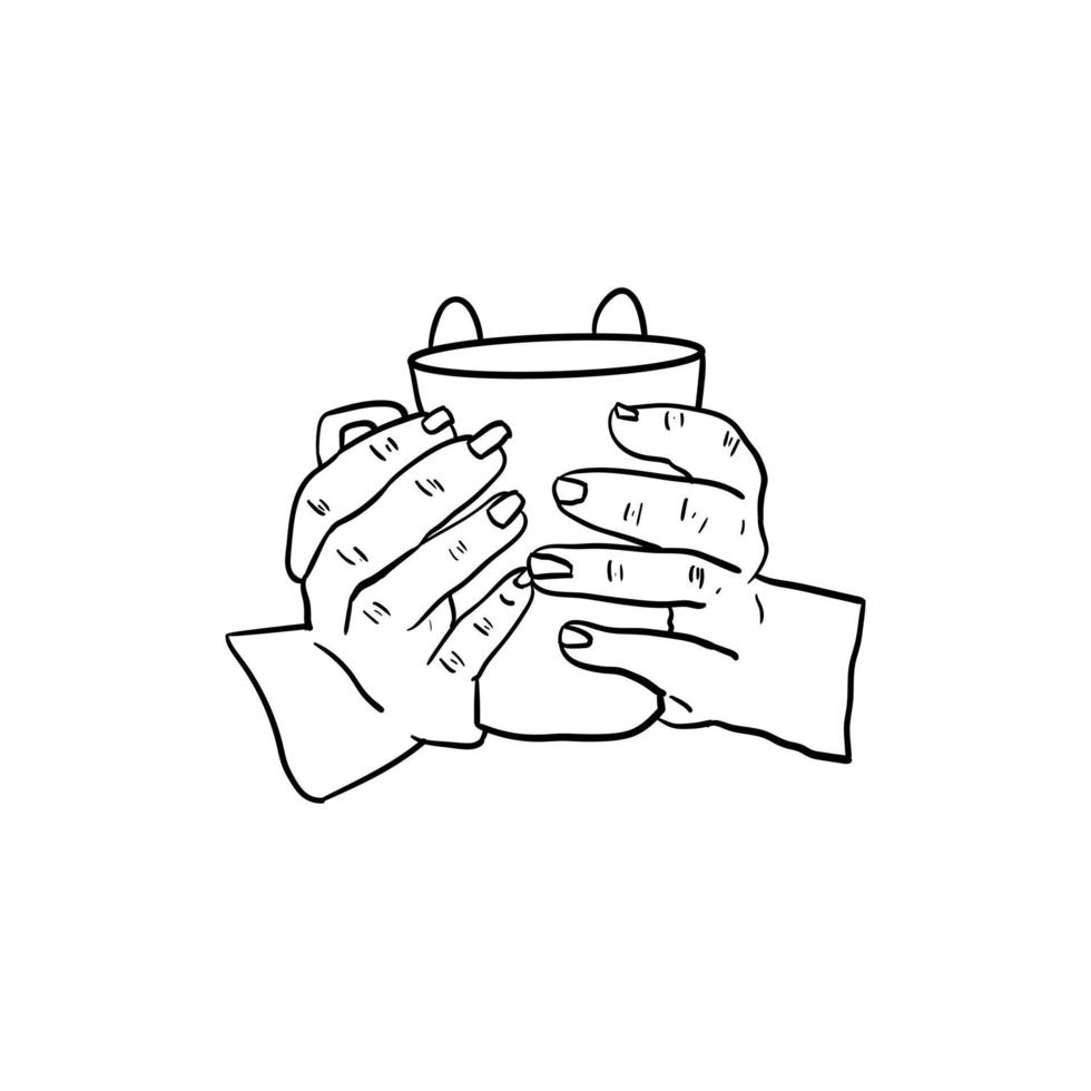 icono de la mano sosteniendo una taza de café, arte lineal de la mano sosteniendo una taza de café vector