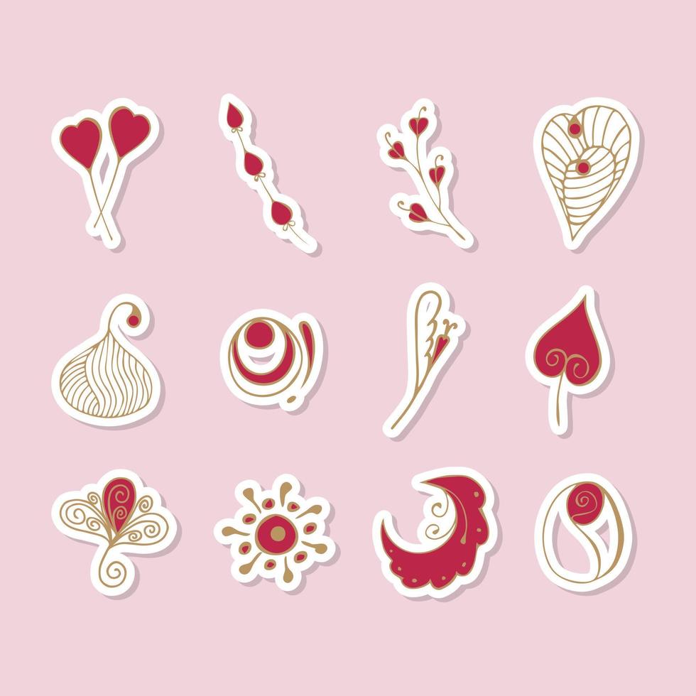 Cute vector love stickers for daily planner and diary. Romantic Viva Magenta color doodle vector icons. Collection of scrapbooking design elements for Valentines Day.
