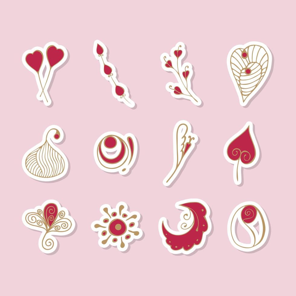 lindas pegatinas de amor vectorial para el planificador diario y el diario. iconos de vector de doodle de color magenta viva romántico. colección de elementos de diseño de scrapbooking para el día de san valentín.