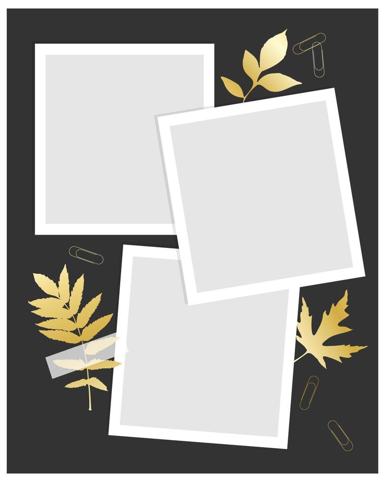 Template vintage collage for photo book, reminders, social media, notes, to do list. Scrapbooking herbarium gold leaves. vector