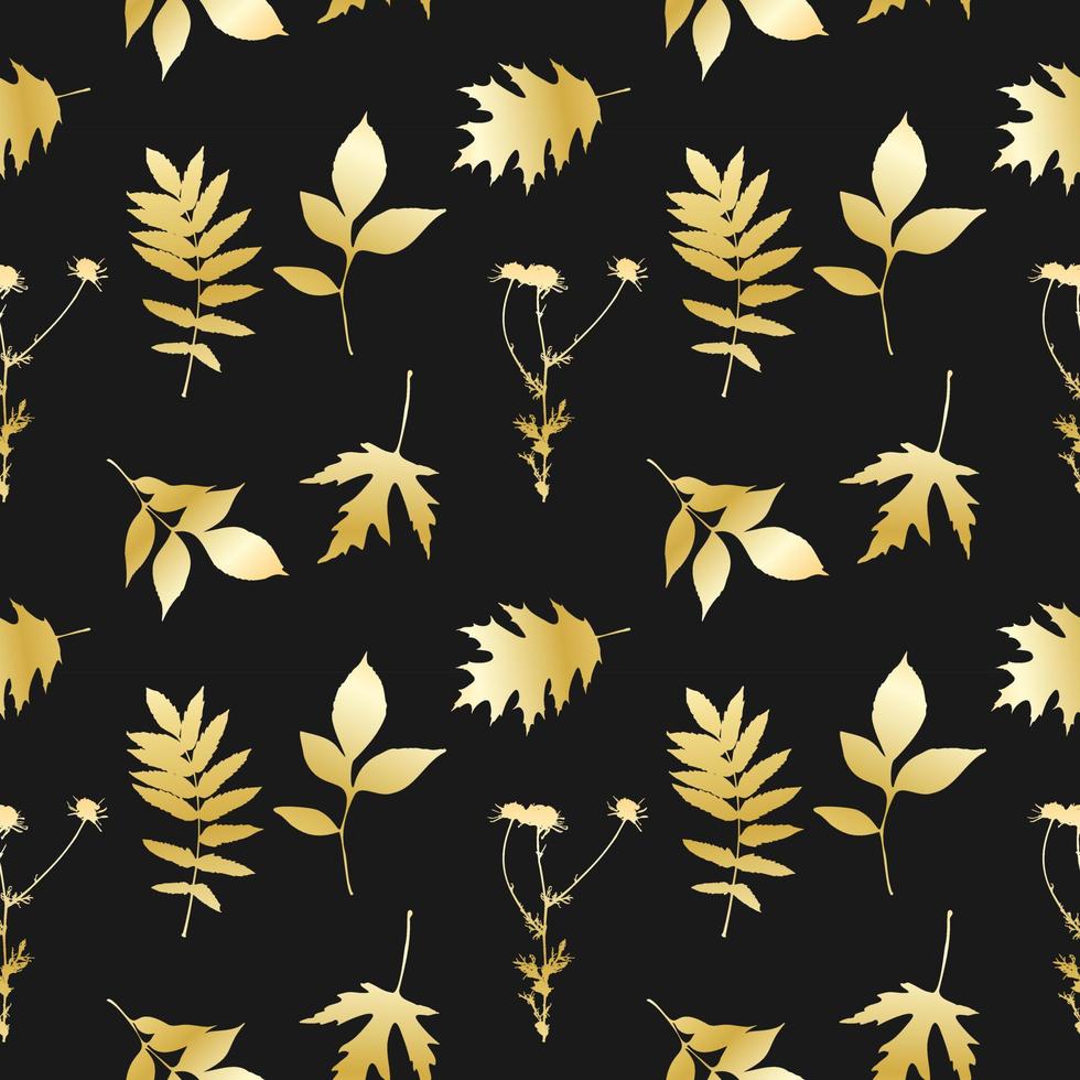 Gold leaves pattern , leave and camomile, dark background. vector