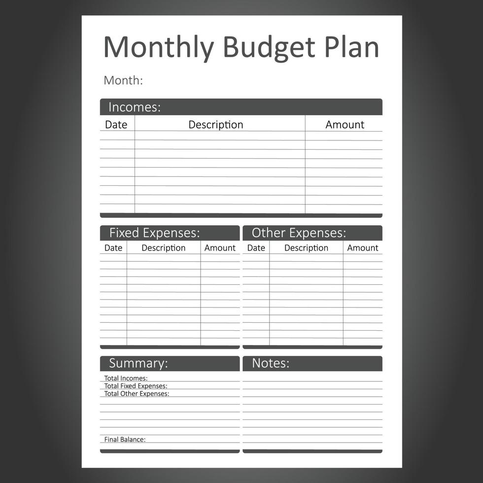 Budget Planner template in simple black and white design, vector