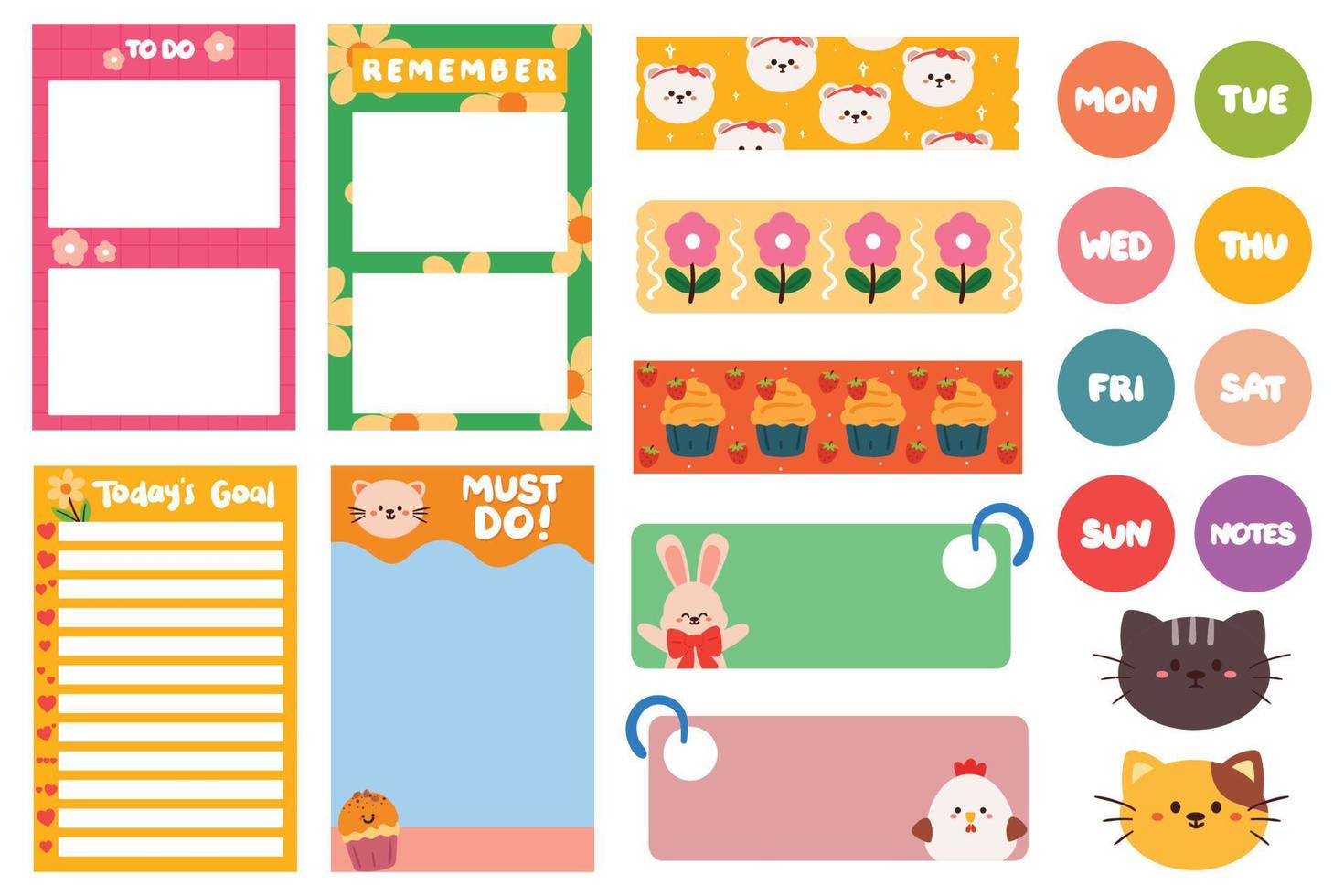 planner sticker and note paper set for journal, diary and scrapbook vector