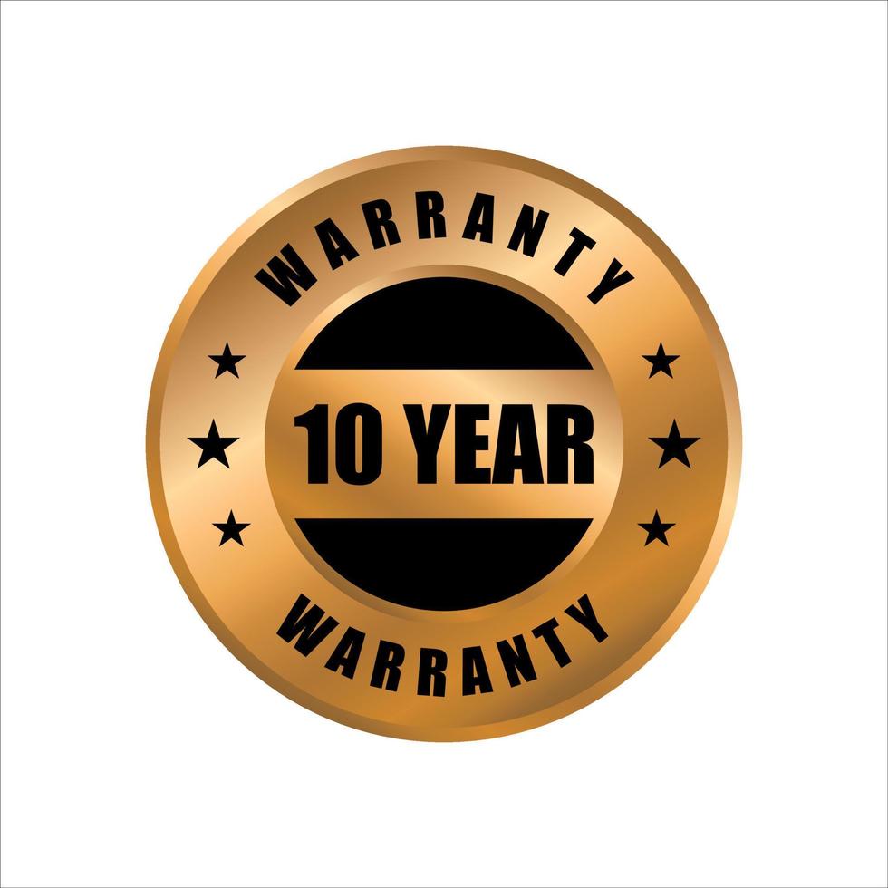 10 year warranty vector icon. color in gold, ten years warranty stamp