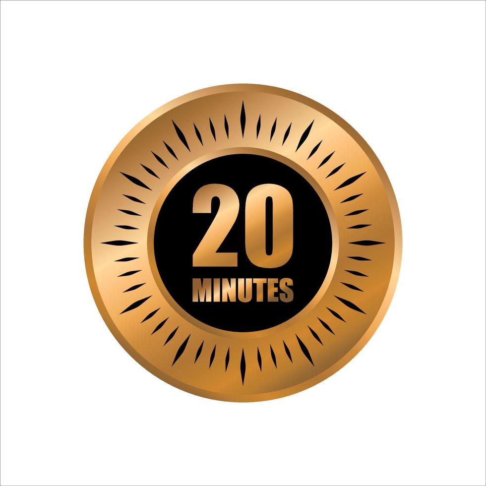 Estilo de símbolo de 20 minutos de temporizador aislado sobre fondo blanco. etiqueta de tiempo de oro vector