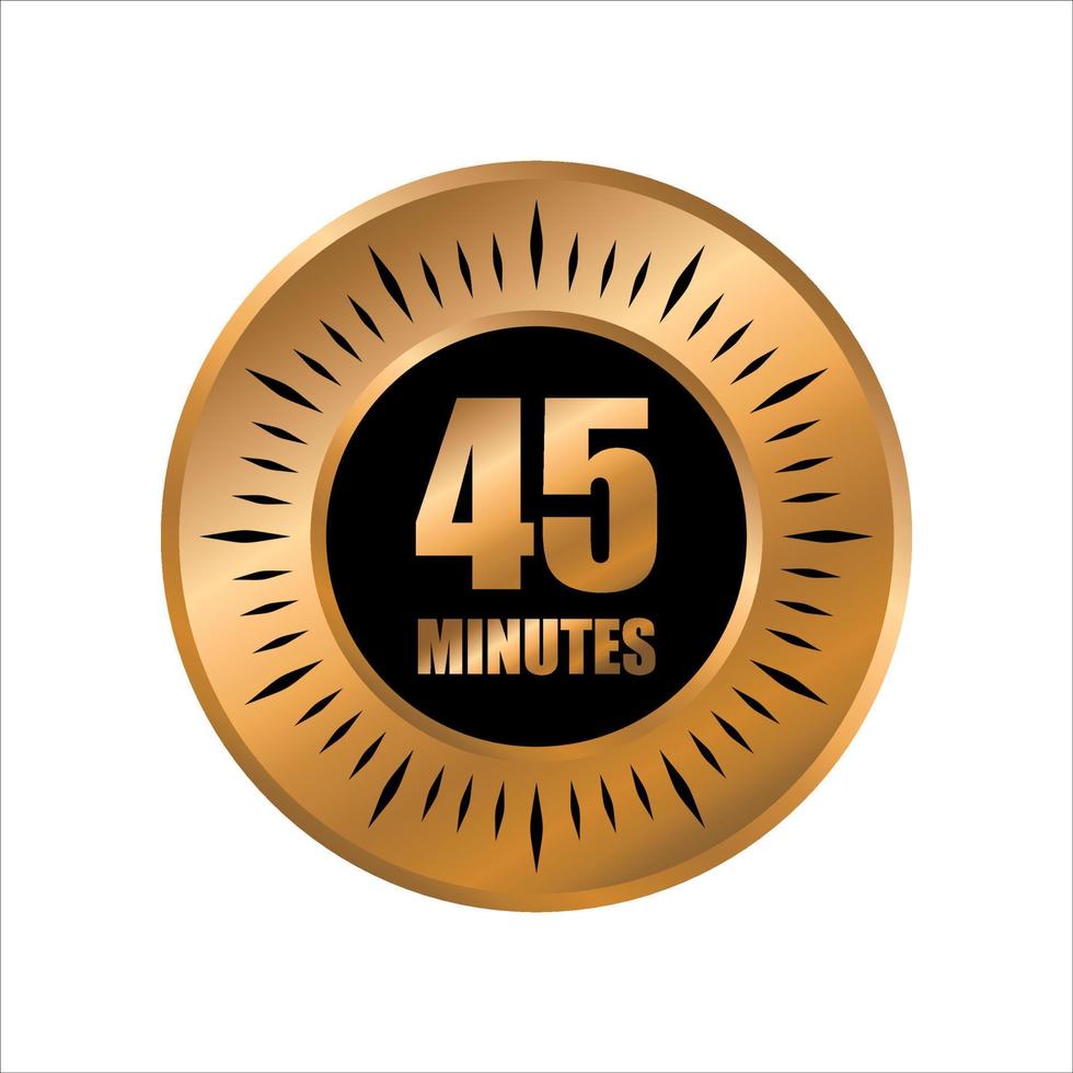 45 timer minutes symbol style isolated on white background. time gold label vector