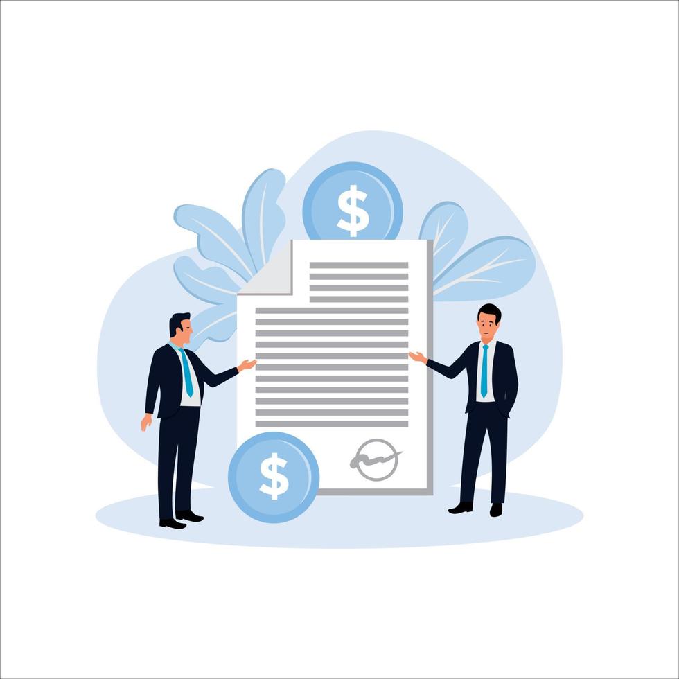 Financial obligation document. Promissory bill, loan agreement, debt return promise. Issuer and payee signing contract. Businessmen making deal. Vector ILLUSTRATION