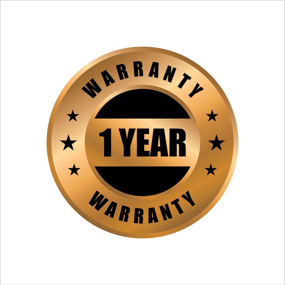 1 year warranty vector icon. color in gold, one years warranty stamp