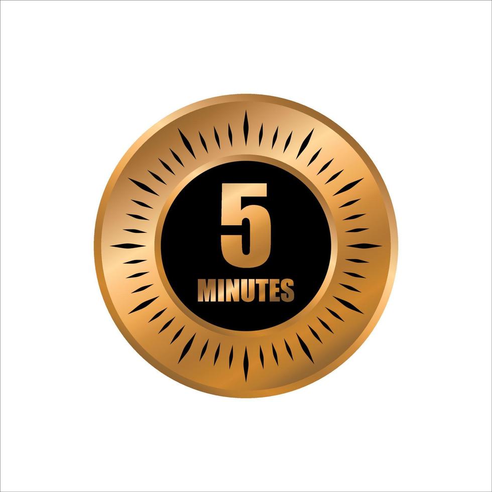 5 timer minutes symbol style isolated on white background. time gold label vector