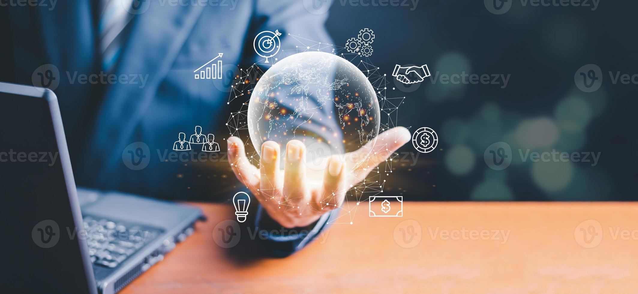 Businessman  Hand holding virtual Global Internet connection metaverse. Business global internet connection application technology and digital marketing, Financial and banking, Digital link tech, photo