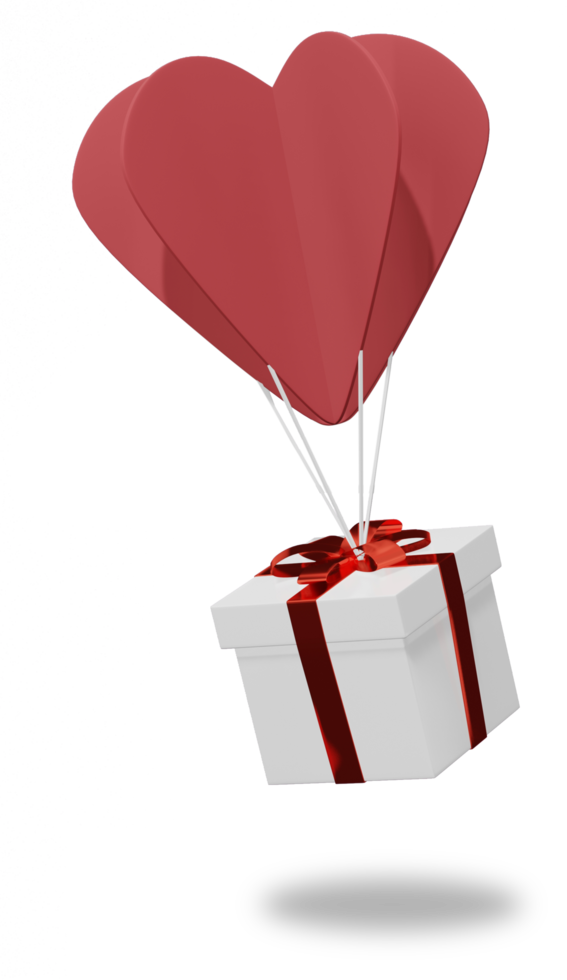 cadeau de noël de la saint valentin. cadeau d'anniversaire avec ballon découpé en papier amour et coeur, icône de présent de célébration heureuse. rendu 3d png