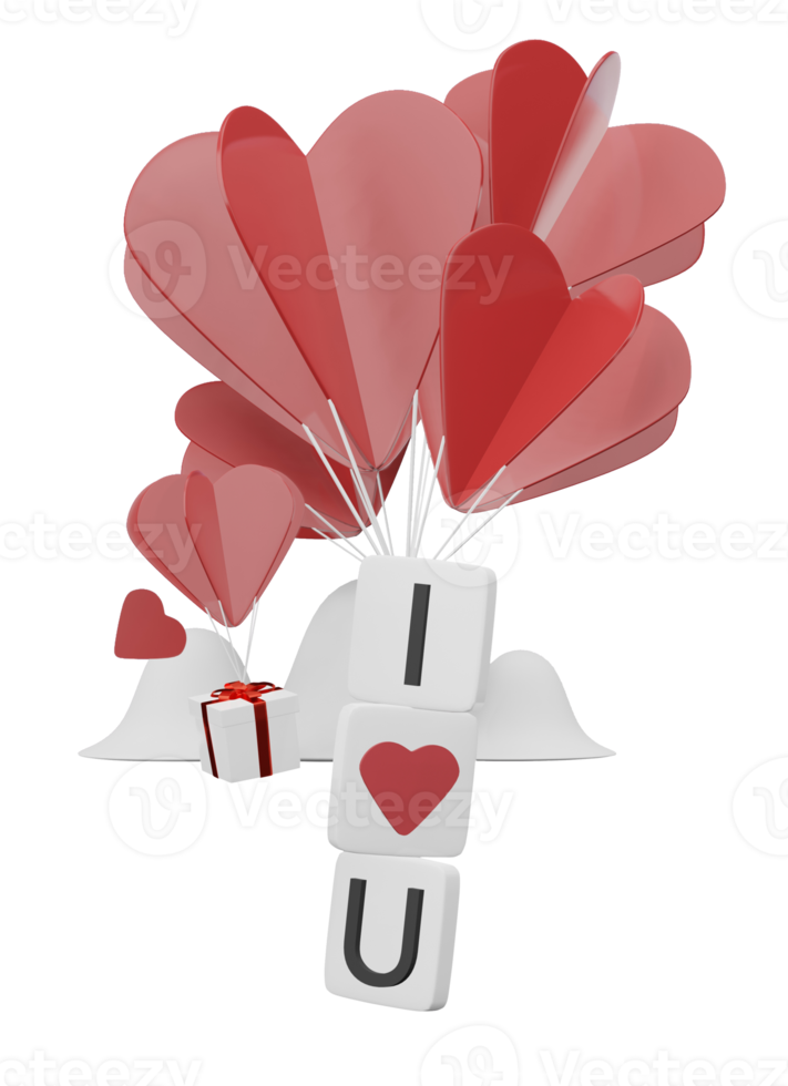 Pièce de mots croisés alphabet je t'aime sur des ballons en forme de coeur d'art papier en illustration de rendu 3d png