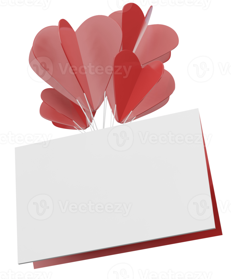 leeg papier bladzijde met rood ballon van hart liefde drijvend, 3d renderen illustratie Valentijn icoon png