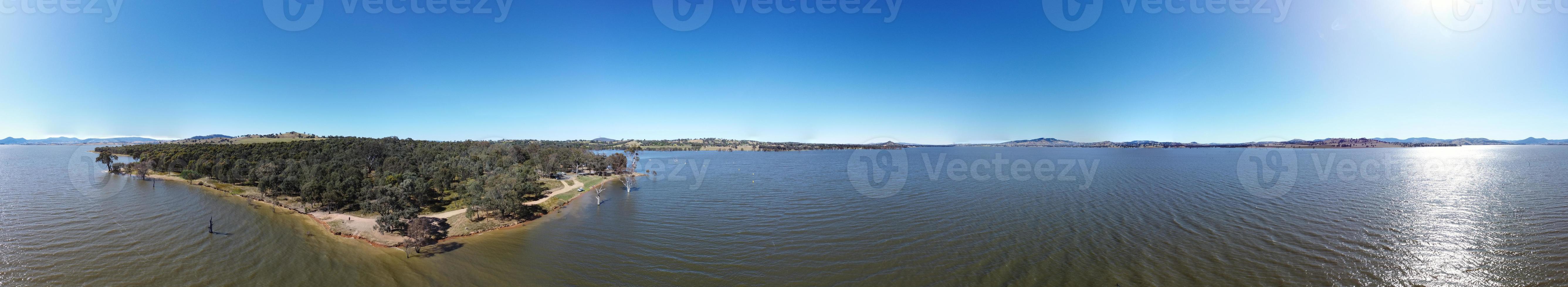 The aerial drone point of view in 360 degree photography at Bowna Waters Reserve is natural parkland on the foreshore of Lake Hume popular boat launching location in Albury, NSW ,Australia. photo