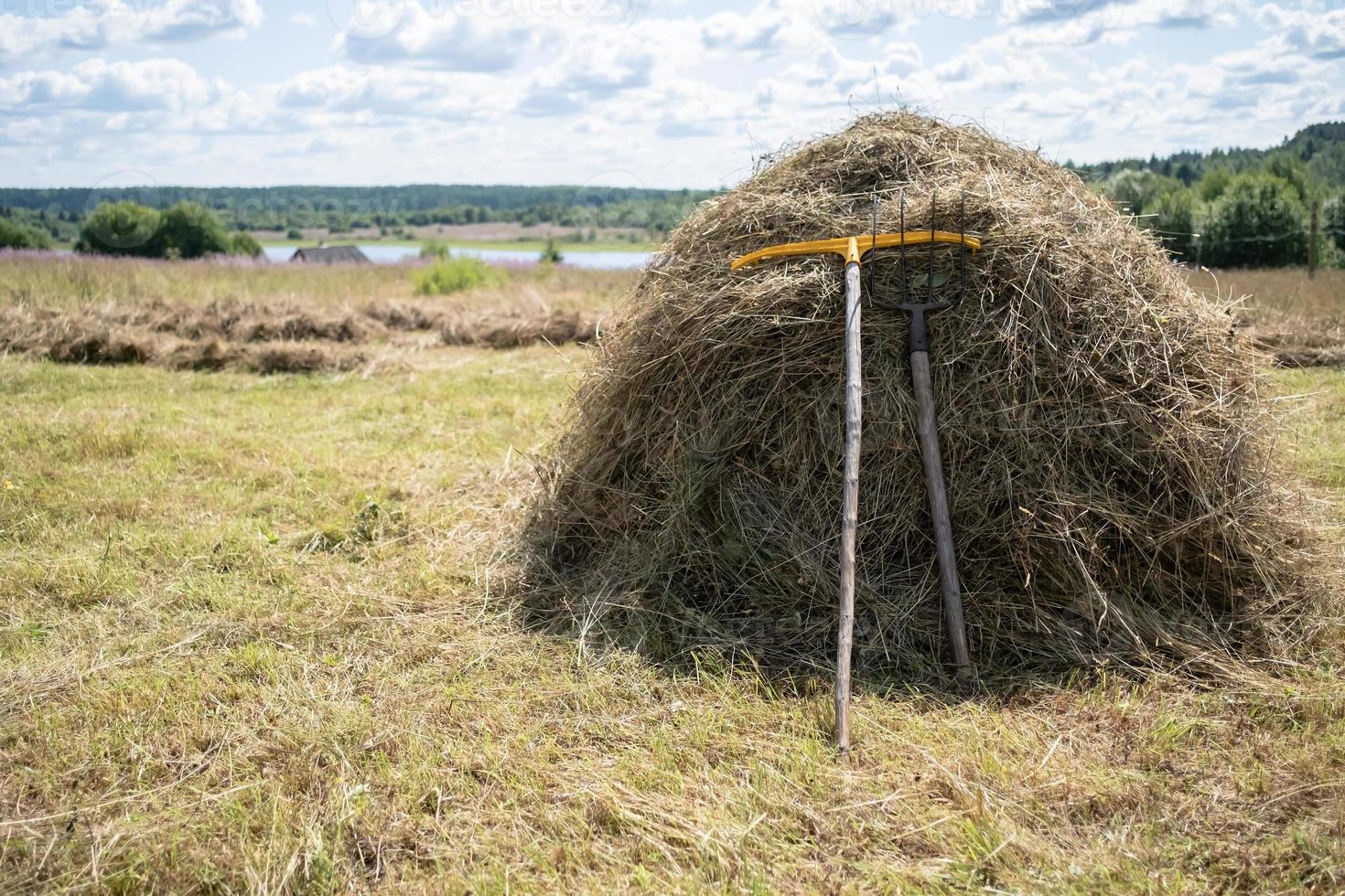 Stack of hay with forks and a rake, against the backdrop of a beautiful rural landscape, on a summer sunny day. Village lifestyle. photo