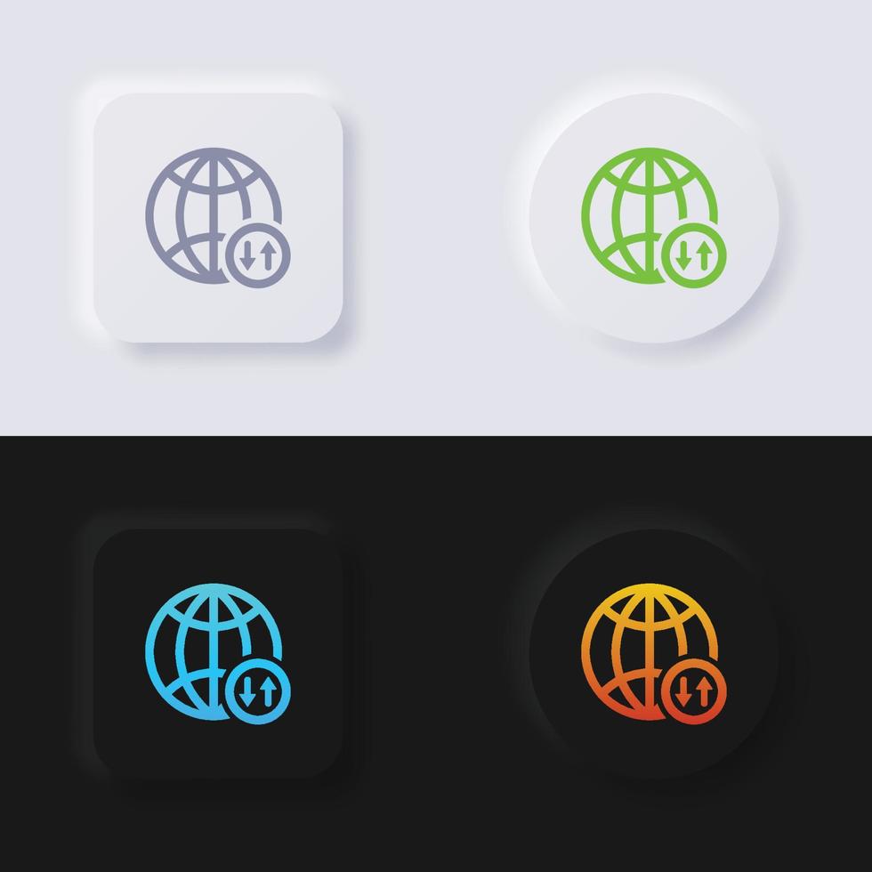 Globe icon with upload and download arrow symbol icon set, Multicolor neumorphism button soft UI Design for Web design, Application UI and more, Button, Vector. vector