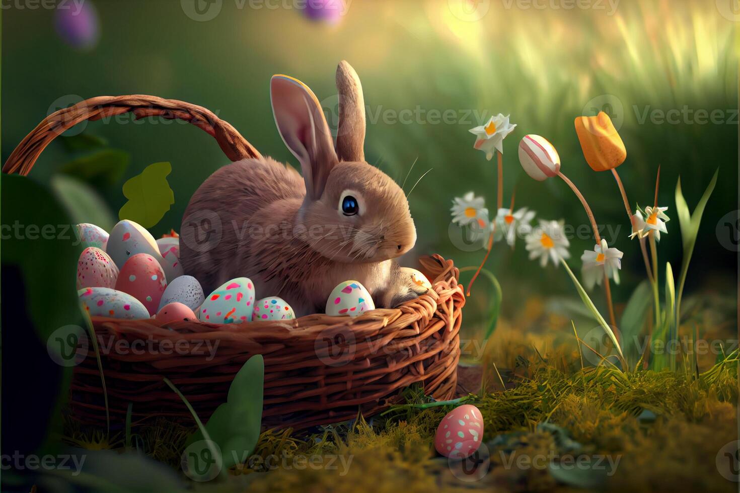 rabbit and egg Easter Day April 9 important day Christianity To commemorate the resurrection of Jesus symbol of hope rebirth and forgiveness Easter Egg Hunt decorated eggs patterns and bright colors photo