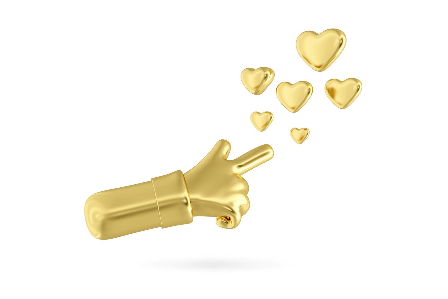 Gold index finger icon with heart icon isolated on white background. Gold hand pressing a heart button with index finger photo