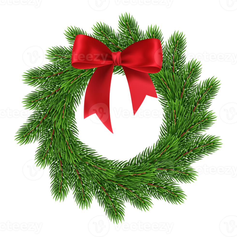 Christmas wreath with red ribbon. Isolate on transparent background. Traditional Christmas decorations. evergreen wreath with red ribbon bow isolated. PNG