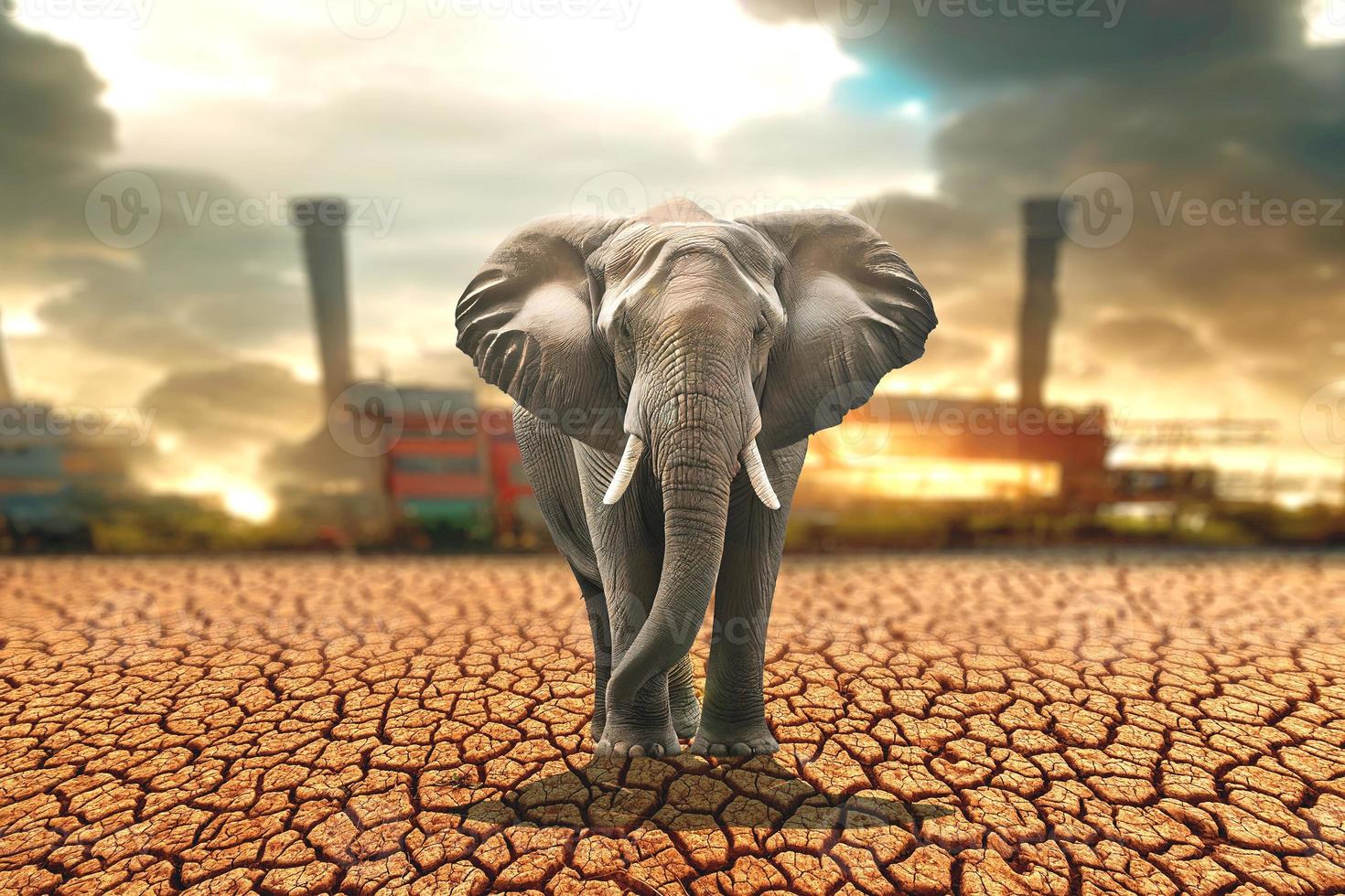 The concept of elephants in arid areas due to global warming and environmental changes. Drought Disaster Background Concept photo