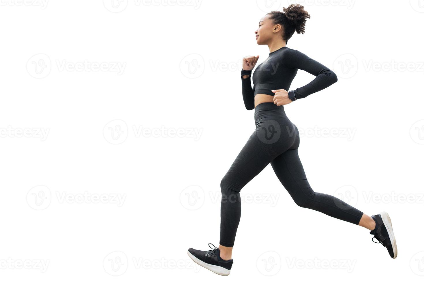 A female runner is running fitness training in a tight-fitting tracksuit. photo
