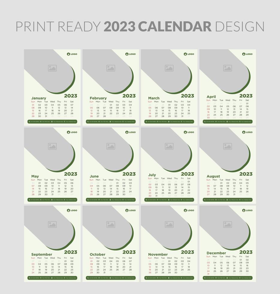 Editable illustration page template A4, A3, set of 12 months with cover. Week start on Sunday. Vertical editable page, wall calendar vector illustration. Simple corporate card, planner. 2023 calendar.