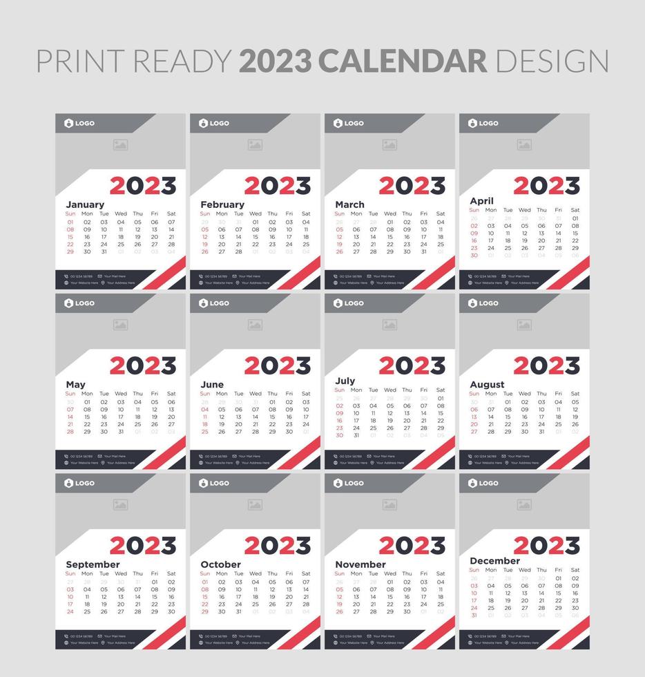 Editable illustration page template A4, A3, set of 12 months with cover. Week start on Sunday. Vertical editable page, wall calendar vector illustration. Simple corporate card, planner. 2023 calendar.