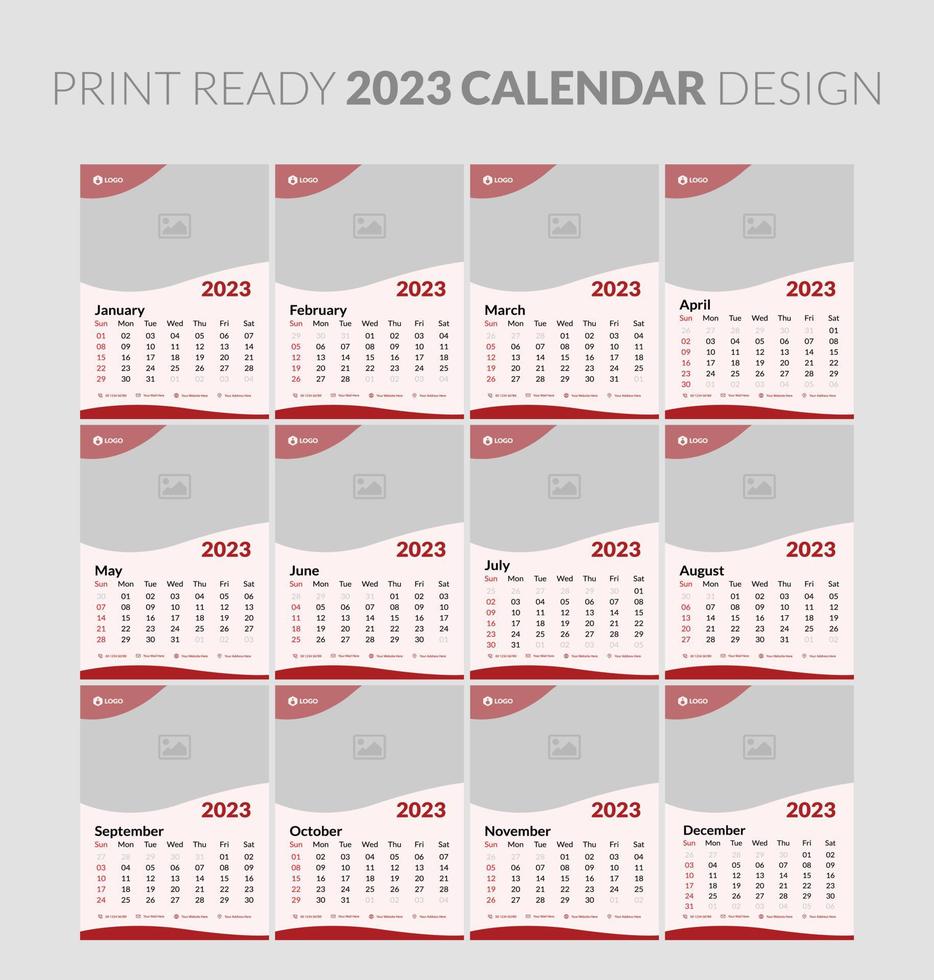 Editable illustration page template A4, A3, set of 12 months with cover. Week start on Sunday. Vertical editable page, wall calendar vector illustration. Simple corporate card, planner. 2023 calendar.
