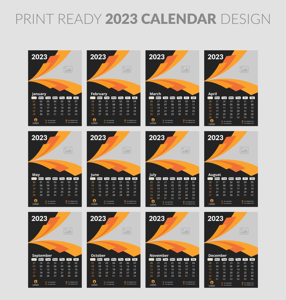 Editable illustration page template A4, A3, set of 12 months with cover. Week start on Sunday. Vertical editable page, wall calendar vector illustration. Simple corporate card, planner. 2023 calendar.