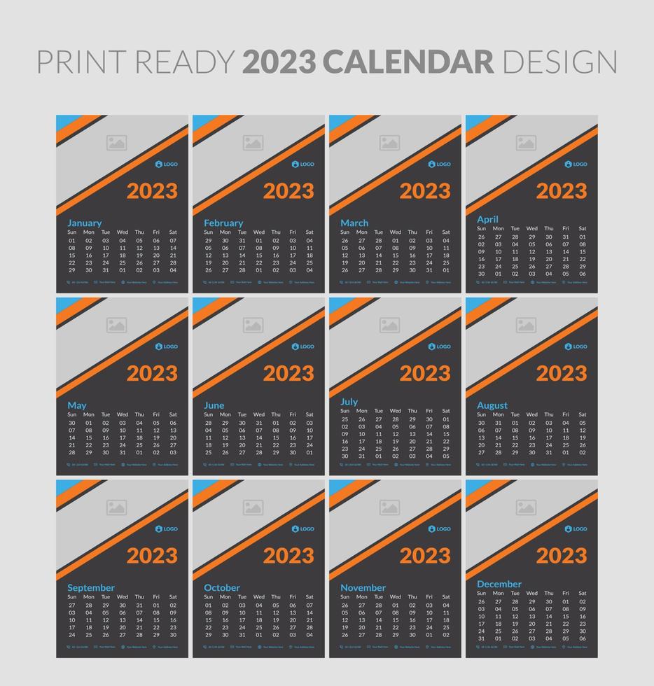 Editable illustration page template A4, A3, set of 12 months with cover. Week start on Sunday. Vertical editable page, wall calendar vector illustration. Simple corporate card, planner. 2023 calendar.