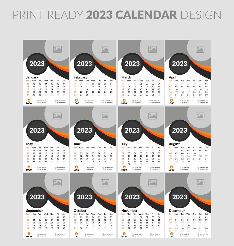 Editable illustration page template A4, A3, set of 12 months with cover. Week start on Sunday. Vertical editable page, wall calendar vector illustration. Simple corporate card, planner. 2023 calendar.