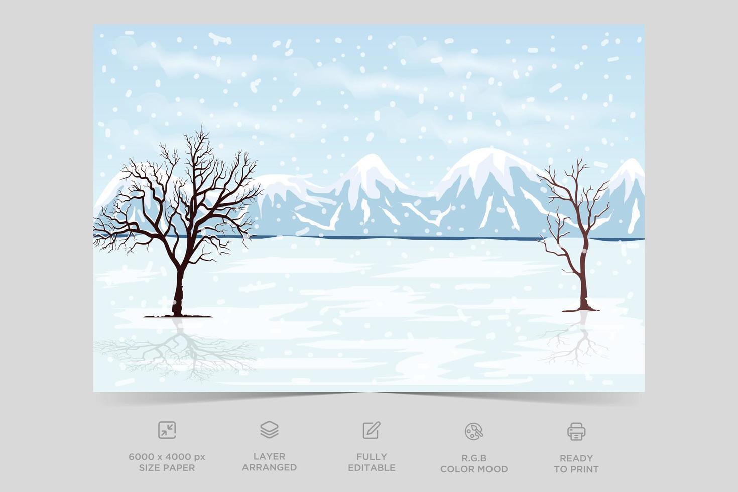 Flat winter landscape background. Design elements for poster, book cover, brochure, magazine, flyer, booklet. Christmas winter scenery of cold weather in town or village forest, snowy hills and fields vector