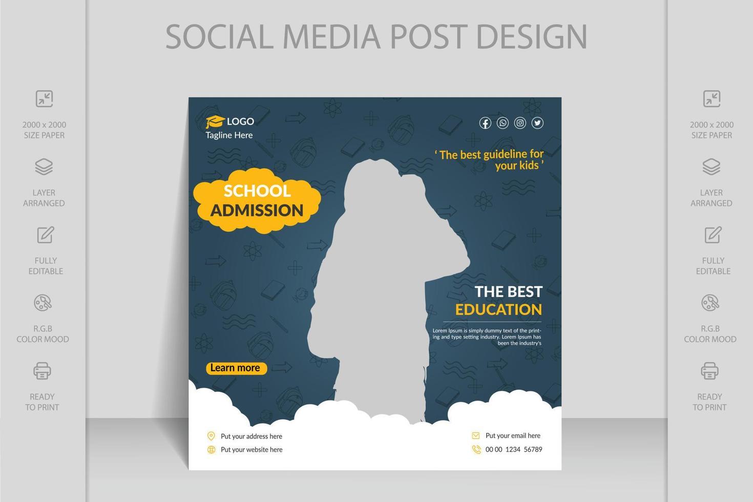 School admission flyer design template. Back to school admission social media post or back to school web banner template or square flyer poster, School admission social media post. vector