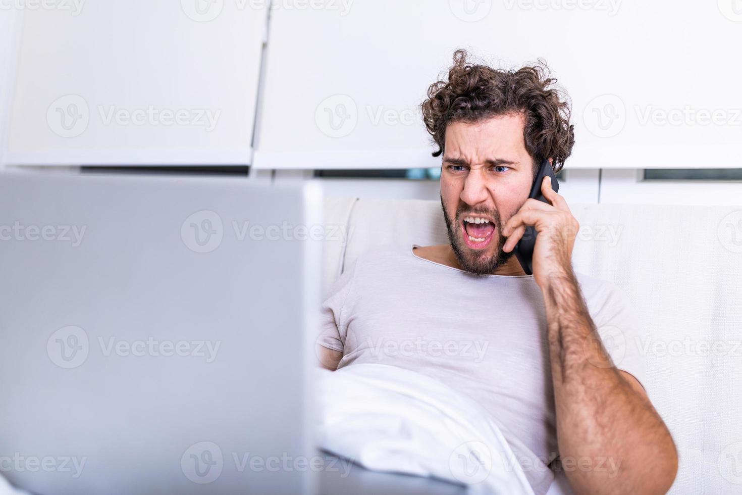 Experienced executive manager quarreling with employee from bed on mobile yelling and screaming about bad report and failure with project, mad boss angry about software bugs in application for work photo