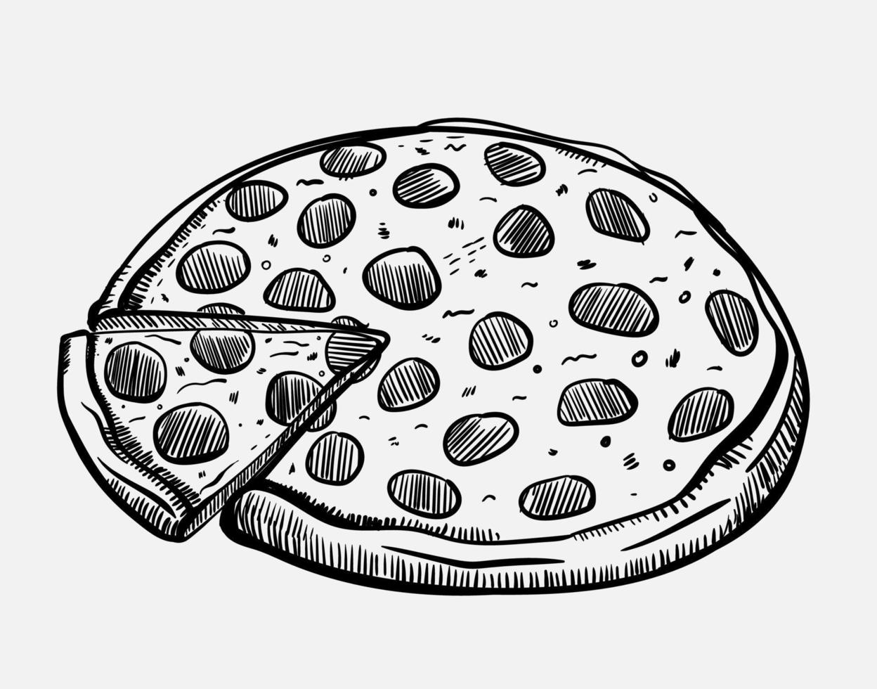 Food illustration with Italian pizza pepperoni in sketch style. vector