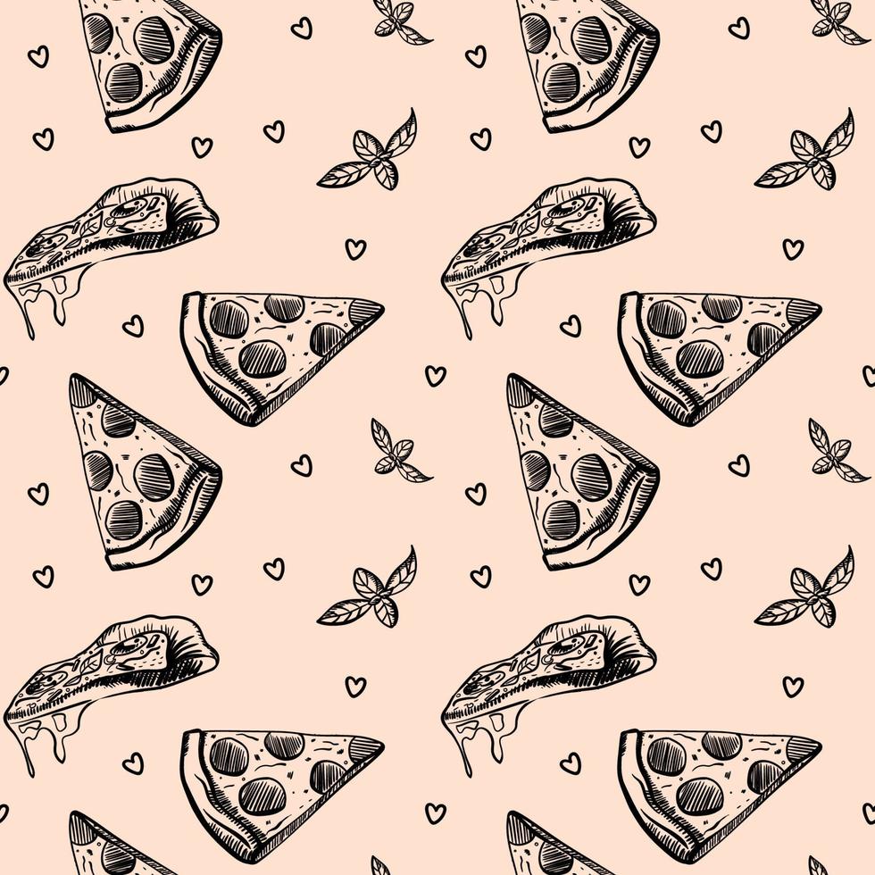 Pizza seamless pattern. Useful for restaurant identity, packaging, menu design, and interior decorating. Vector illustration.