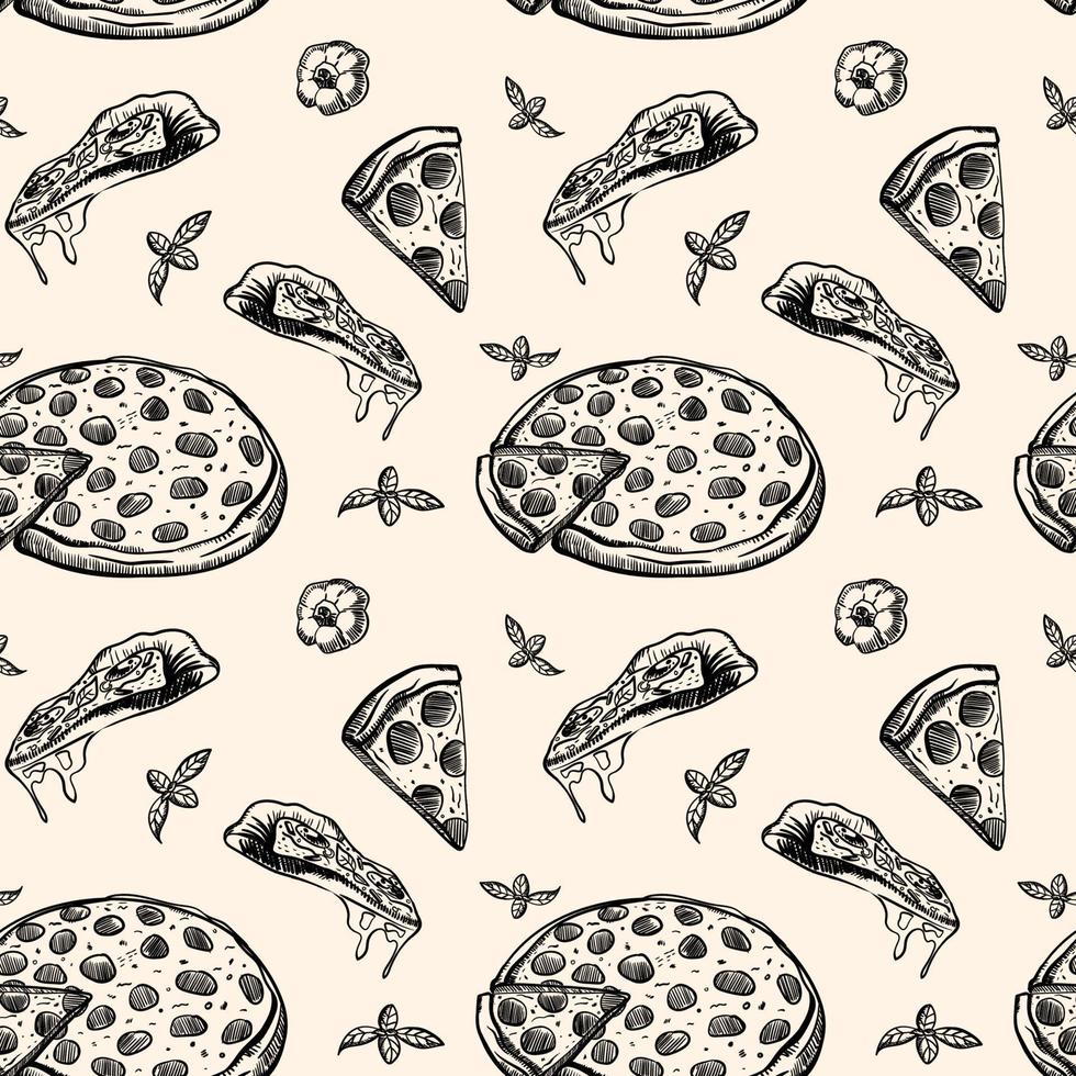 Pizza seamless pattern. Useful for restaurant identity, packaging, menu design, and interior decorating. Vector illustration.