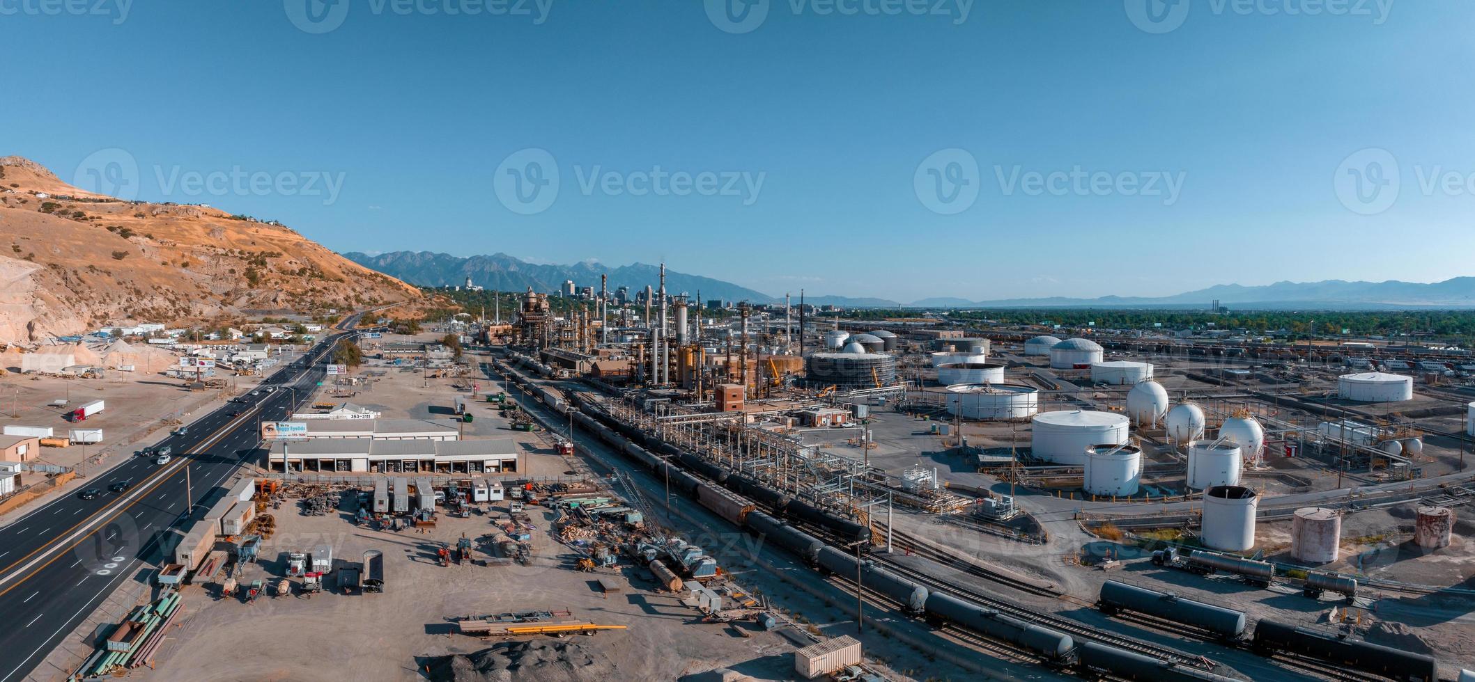 Aerial view of Salt Lake city oil refineries. Burning coal producing