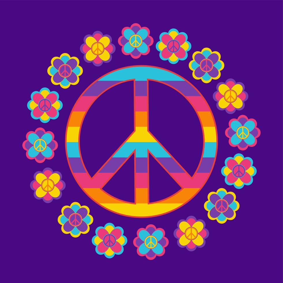 Icon, sticker in hippie style with Peace sign and flowers on violet background. Retro style vector