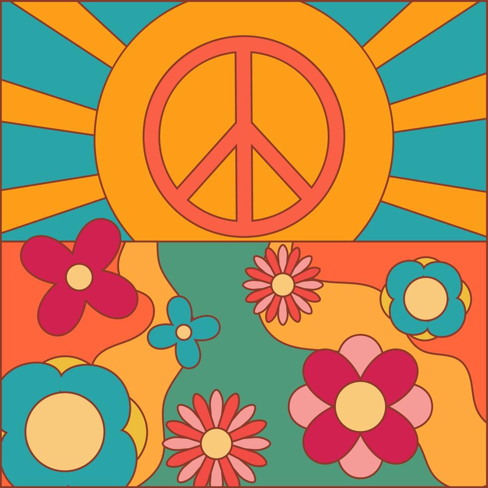 ícono, pegatina en estilo hippie con paisaje con sol, flores y signo de paz en colores retro vector