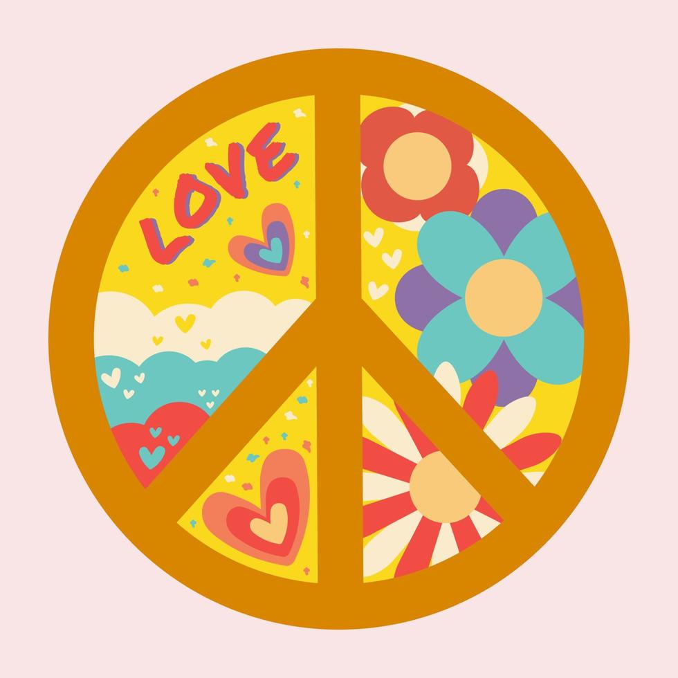 Icon, sticker in hippie style with violet Peace sign, text love and flowers and hearts on beige background. Retro style vector